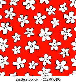 Hand drawn Cute White Flowers on red background print for textile. The drawn small flowers beautiful illustration for the fabric. Design ornament pattern seamless. Vector