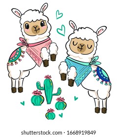 Hand drawn cute white llama with a scarf and cactus. Print design for a children's theme. Vector illustration.
