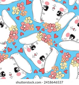 Hand drawn cute white rabbit and flowers and hearts on the blue background vector illustration