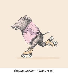 Hand drawn cute wild boar on roller skates, vector illustration. T shirts and Card design.