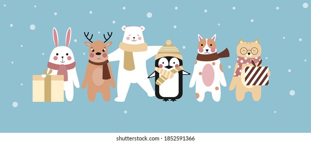 Hand drawn cute winter animals collection
