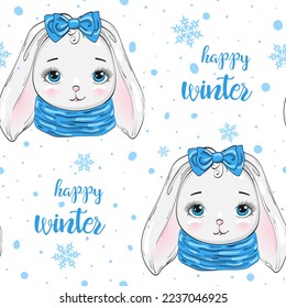 Hand drawn cute winter bunny girl seamless pattern. Vector illustration.