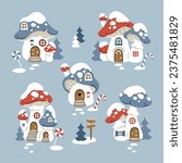 Hand drawn cute winter mushroom house characters, snowflakes and snowy trees. Perfect for Christmas card or nursery print design.