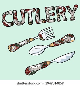 Hand drawn cutlery set decorated with ornament. Abstract cartoon vector illustration of kitchen utensils knife, fork, spoon. Colorful bright design for decoration.