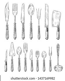 Hand drawn cutlery set. Vintage fork, food spoon and sketch dinner knife. Restaurant ink silver cutlery, dinner meal utensil doodle sketch vector illustration isolated icons set