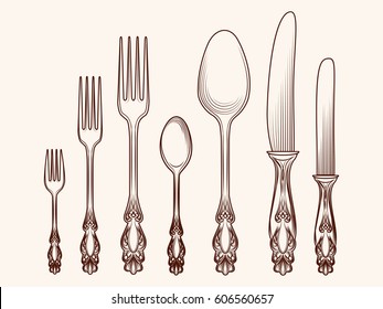 Hand drawn cutlery sketch vector illustration. Vintage kitchen objects design