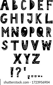 A hand drawn cutout alphabet with line decorations. Cute font for children's art, textile, design projects.