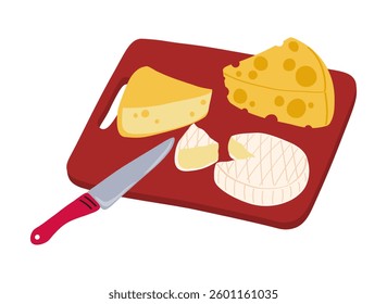 Hand drawn cutting board with cheeses and knife on white background