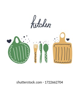 Hand drawn cutting Boards, fork, spoon, knife and text kitchen. Flat vector illustration.