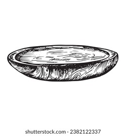 Hand drawn cutting wooden board. Sketch style kitchen utensils. Round plate drawing. Vector illustrations vintage collection.