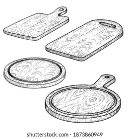 Hand drawn cutting wooden boards set. Sketch style kitchen utensils. Round and rectangular, with handle. Vector illustrations vintage collection.