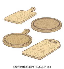 Hand drawn cutting wooden boards set. Sketch style kitchen utensils. Round and rectangular, with handle. Vector illustrations isolated on white.