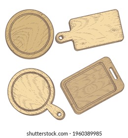 Hand drawn cutting wooden boards set. Top view. Sketch style kitchen utensils. Round and rectangular, with handle. Vector illustrations isolated on white.