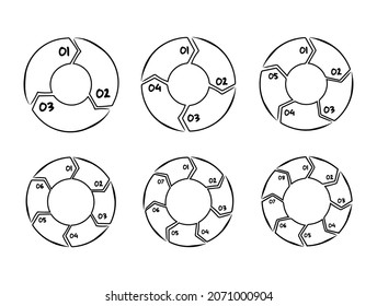 Hand drawn cycle diagram charts, Set of 3, 4, 5, 6, 7, 8 options steps processes with numbers