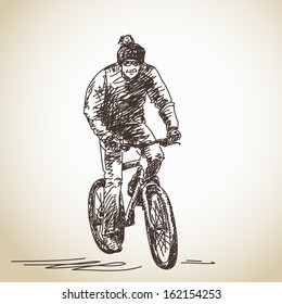 Hand drawn cyclist in hat ride his bicycle Vector