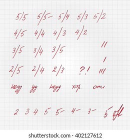 Hand drawn cyrillic school grades. Russian school teacher marks. Diary grades from 2 to 5 points 