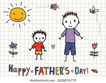 Hand Drawn Dad and Son Stick Figure Drawing, Father's Day Childish Doodle Greeting Card Background