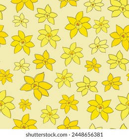 Hand drawn daffodils scattered in different shades of yellow on light yellow background vector repeat pattern