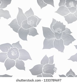 Hand drawn daffodils - spring flower - silver surface pattern design. 