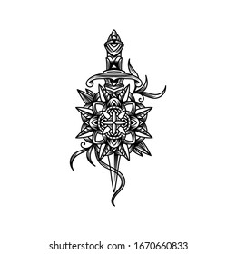 
Dibujo de la daga dibujada a mano y el tatuaje de la vieja escuela rosa 