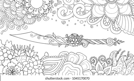 Hand drawn dagger surrounding with beautiful flowers, for illustration and coloring book page for both kids and adult