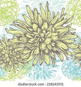 Hand drawn dahlia flowers retro seamless pattern.  All objects are conveniently grouped  and are easily editable.