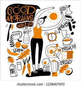 Hand drawn of daily life in the morning. Vector illustration in sketch doodle style.