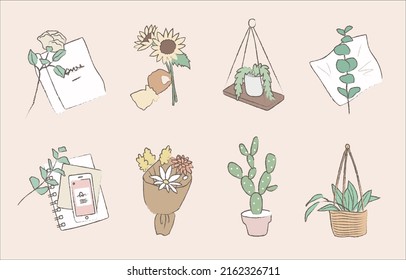 Hand drawn daily objects with plants and flowers