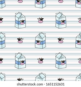 Hand drawn dairy cute cow face and milk carton seamless vector pattern. Kawaii horned livestock mammal. Domesticated cattle on blue gingham background. Natural farmyard calf all over print. 