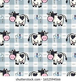 Hand Drawn Dairy Cute Cow And Pouring Milk Carton Seamless Vector Pattern. Kawaii Horned Livestock Mammal. Domesticated Cattle On Blue Gingham Background. Natural Farmyard Calf All Over Print. 