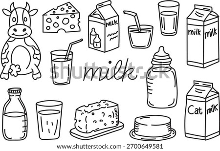 Hand Drawn Dairy Doodle Set with Milk Cheese Cow Glass and Bottle Cartoon Outline Icons