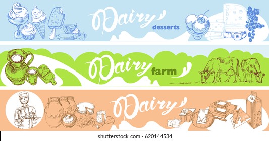 Hand drawn dairy horizontal banners with healthy farm milk sweet products and elements vector illustration