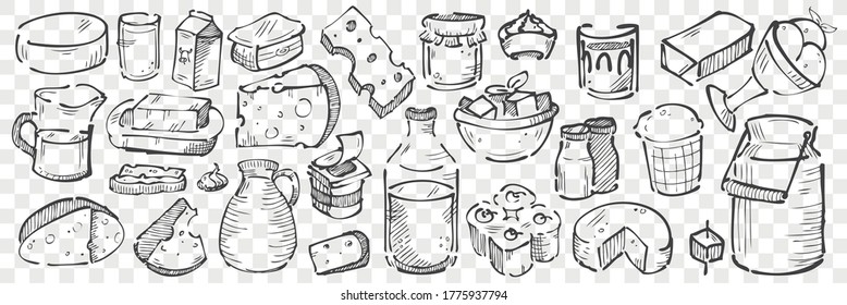 Handgezeichnete Milchprodukte-Doodle-Set. Sammlung von Bleistiftkreide Zeichnungen von Käse cheddar parmesan Milch clabber sour und Eis auf transparentem Hintergrund. Illustration von Kuhprodukten.