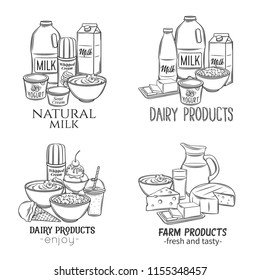 Hand drawn dairy product banners. Engraving yogurt, milk, cottage cheese and smoothies. Sketch butter, sour cream, camembert and whipped cream. Vector illustration. Retro style.