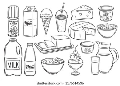 Hand drawn dairy product icons. Engraving yogurt, milk, cottage cheese and smoothies. Sketch butter, sour cream, camembert and whipped cream. Vector illustration. Retro style.