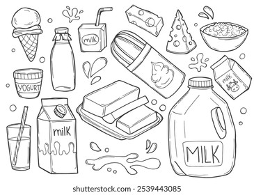 Iconos de productos lácteos dibujados a mano. Grabado de yogur, leche, requesón y batidos. Bocetos de mantequilla, crema agria, crema batida. Ilustración vectorial.