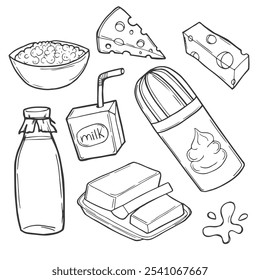 Hand drawn dairy product icons. Doodle milk sketches