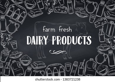 Hand drawn dairy product page design. Blackboard yogurt, milk, cottage cheese and smoothies. Chalk dairy layout with butter, sour cream, camembert and whipped cream. Vector illustration.