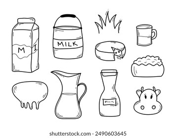 Hand drawn dairy product set. Doodle milk elements. Cheese, jar, curd, cup, bucket, udder