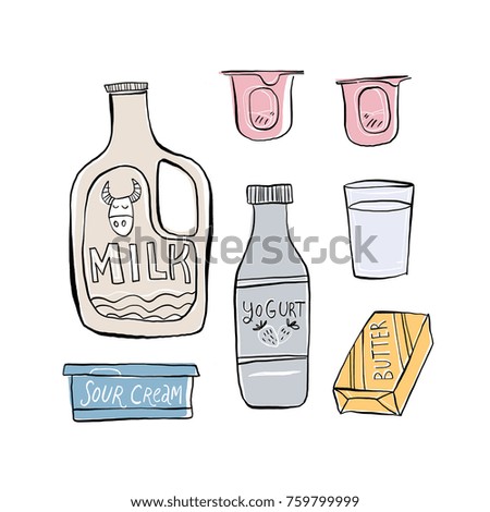 Hand drawn dairy products. Vector illustrations isolated on background. Silhouettes in modern naive trendy style with organic texture. For farm market food poster, cookbook.