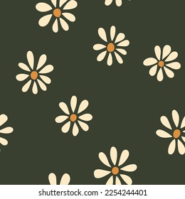 Hand drawn daisies seamless pattern. Botanical vector background in retro style. Garden flower. Floral design with vintage daisies. Trendy design.