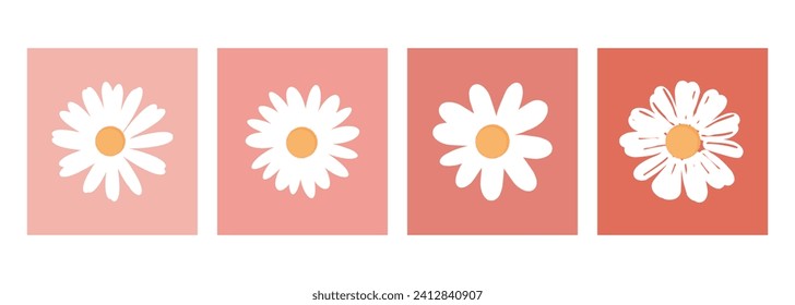 Hand drawn daisy chamomile flower on pink and red retro color backgrounds vector illustration. Cute wall art decoration.