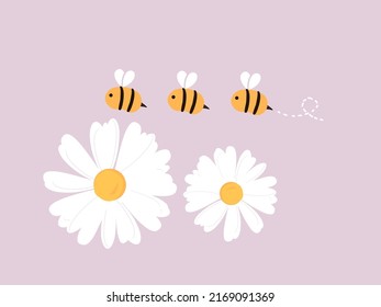 Dibujo manual de caricaturas de flores de margarita y abejas sobre la ilustración del vector de fondo morado.