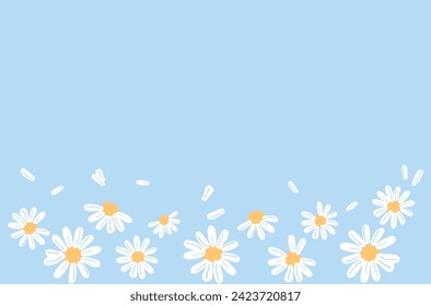 Hand drawn daisy flower and flying petals on blue background vector illustration. Cute wall art decoration.