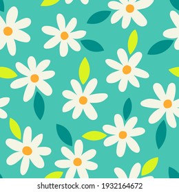 Hand drawn daisy flower and leaf seamless pattern background.