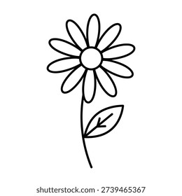 Hand drawn daisy flower with petals and stem featuring minimalist line art design on white background