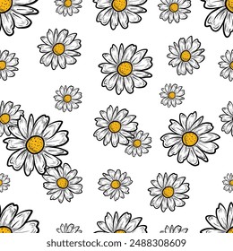 Hand drawn daisy flower texture repeatable design. Vector seamless pattern with chamomile flowers on blue background. Can be used for textile print, wrapping papers, wallpapers or for website.