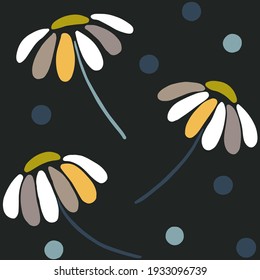 Hand drawn daisy seamless pattern on moody dark background