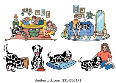 Hand Drawn dalmatian dog and family collection in flat style illustration for business ideas isolated on background
