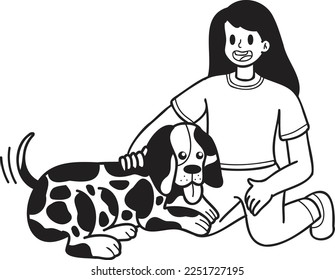Hand Drawn Dalmatian Dog hugged by owner illustration in doodle style isolated on background